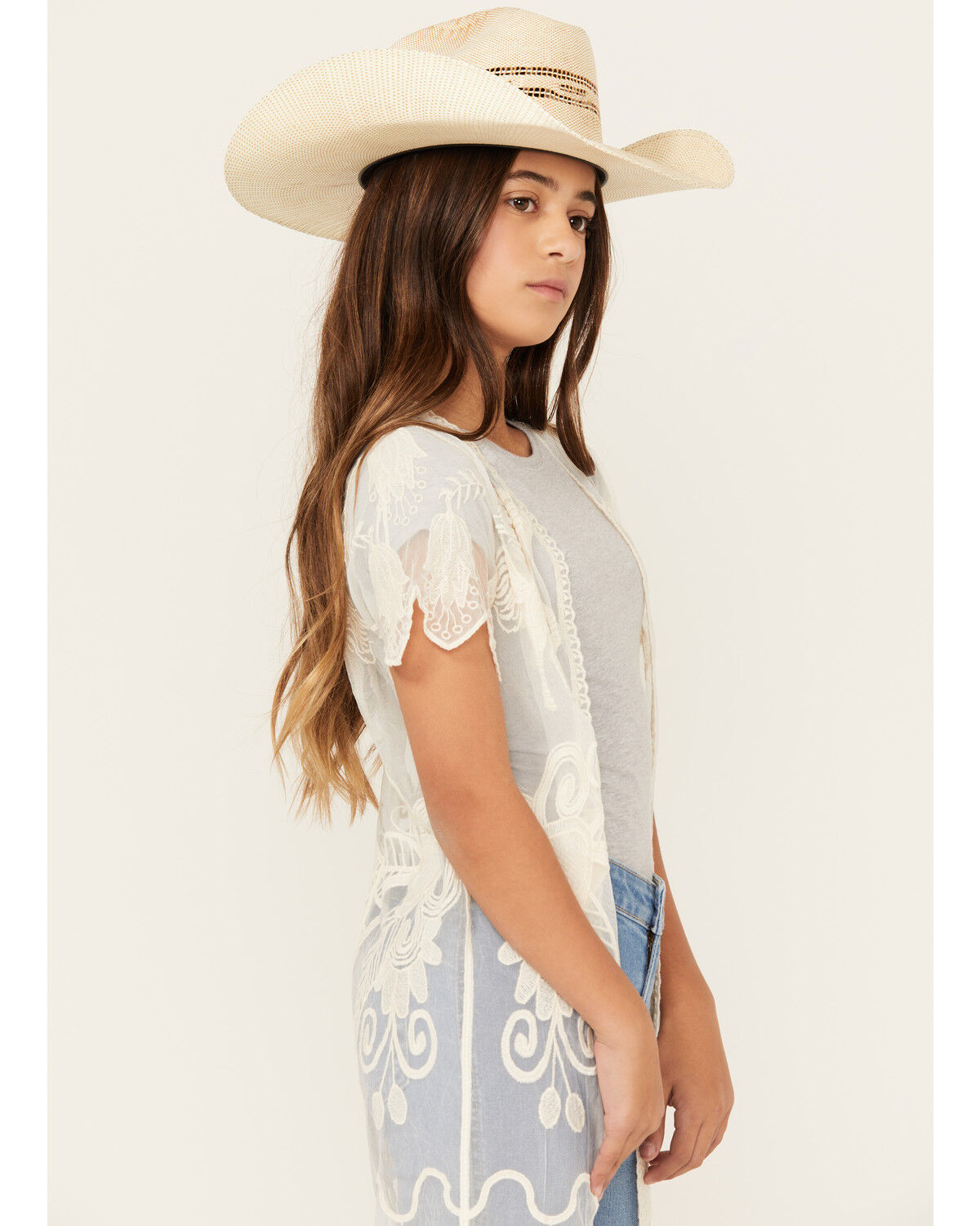 Image #2 - Shyanne Girls' Yee Haw Embroidered Lace Kimono, Cream, hi-res