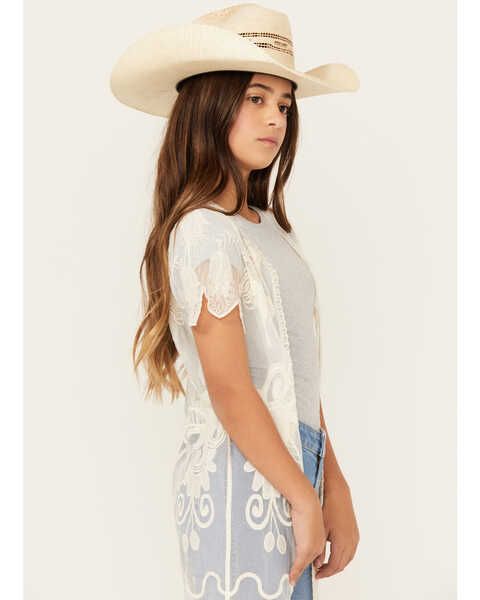 Image #2 - Shyanne Girls' Yee Haw Embroidered Lace Kimono , Cream, hi-res