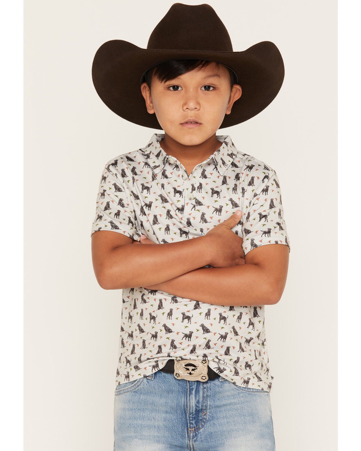 Burlebo Boys' Ducks and Dogs Short Sleeve Performance Polo, Beige, hi-res