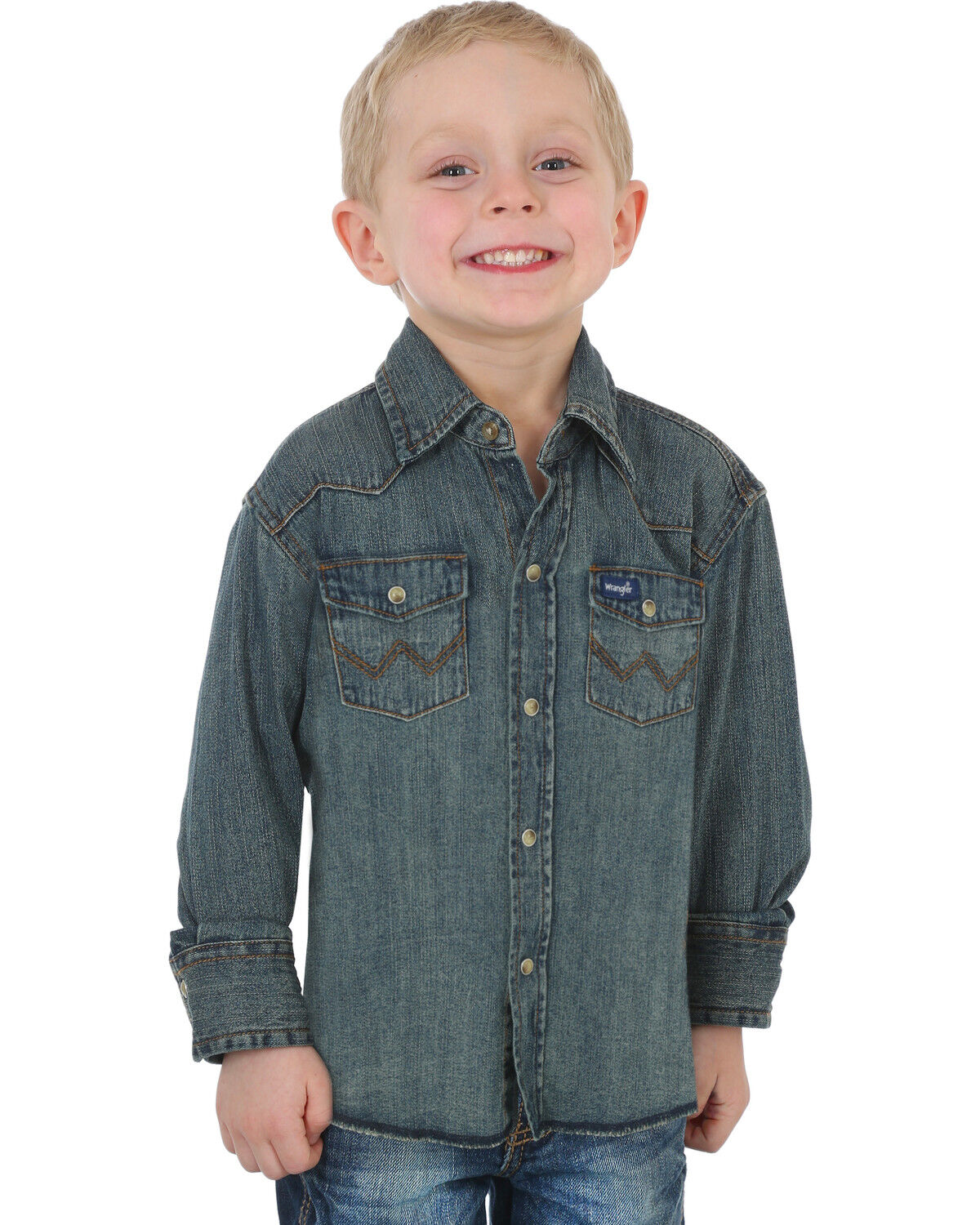 Image #1 - Wrangler Boys' Long Sleeve Snap Western Denim Shirt, Indigo, hi-res