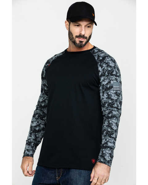 Ariat Men's Grey Camo FR Long Sleeve Work Raglan T-Shirt - Big, Camouflage, hi-res