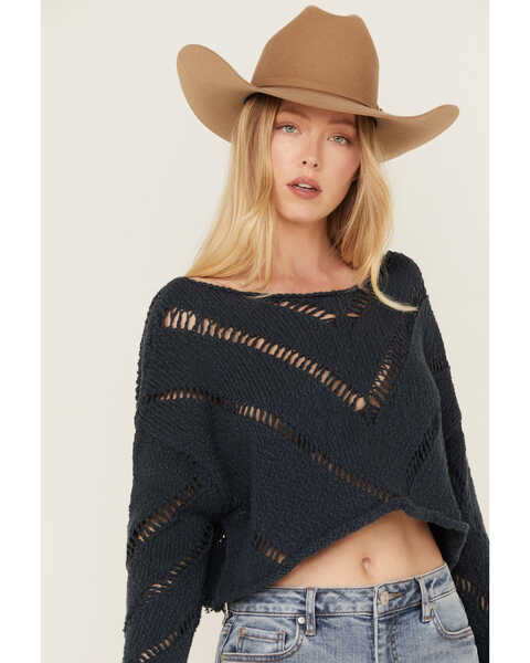 Image #2 - Free People Women's Distressed Cropped Sweater, Navy, hi-res