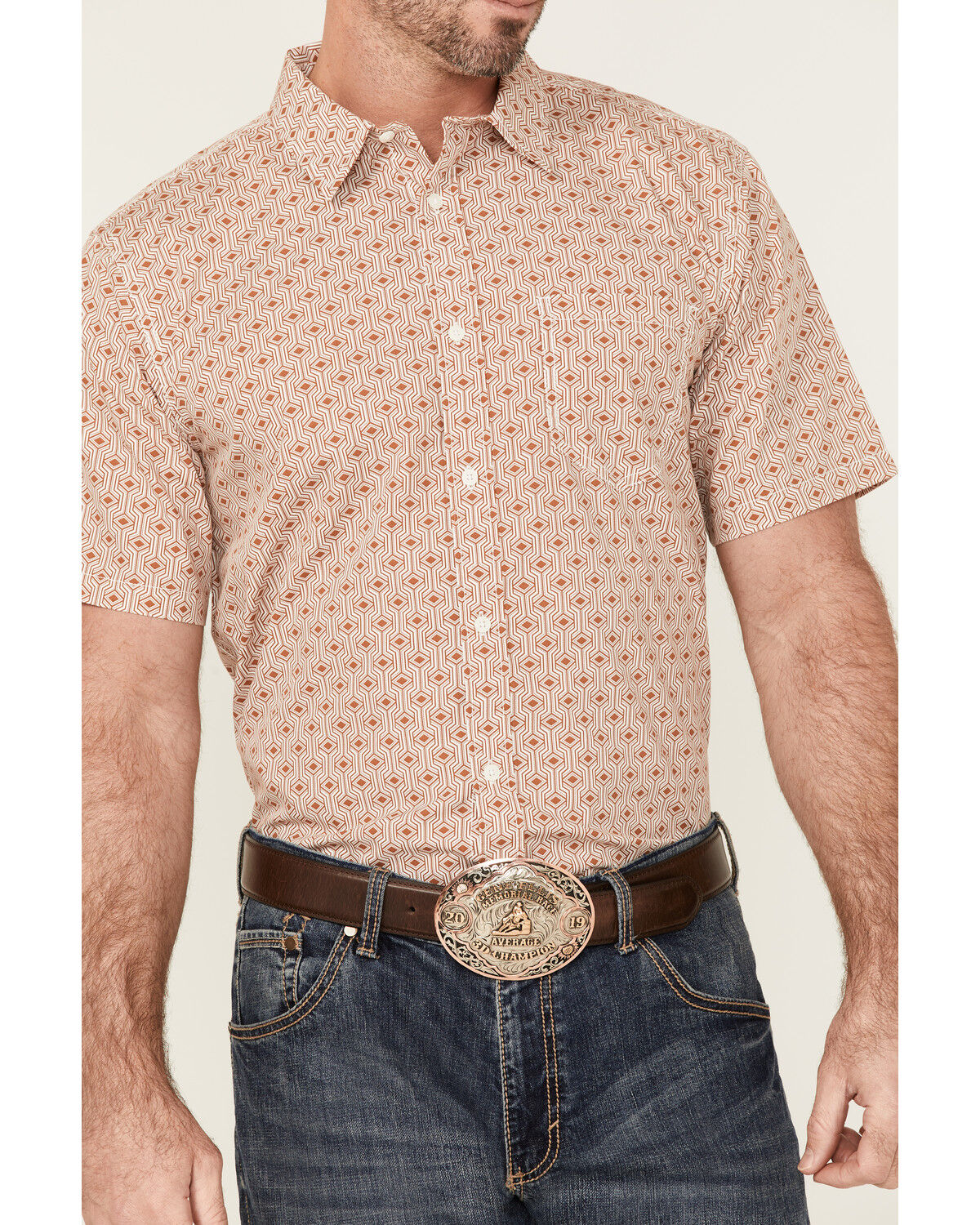 Image #3 - Gibson Men's Cabana Geo Print Short Sleeve Button-Down Western Shirt, Cream, hi-res