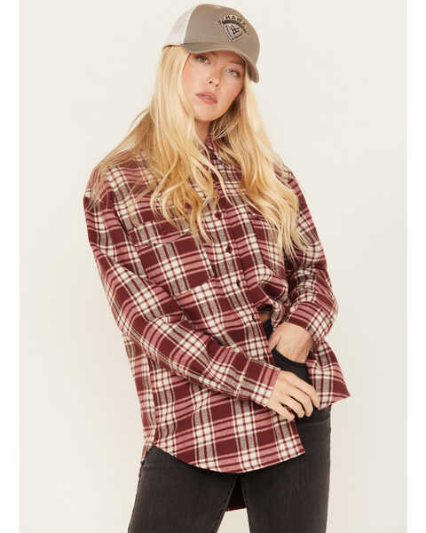 Image #2 - Cleo + Wolf Women's Plaid Print Long Sleeve Button-Down Oversized Shacket, Ruby, hi-res