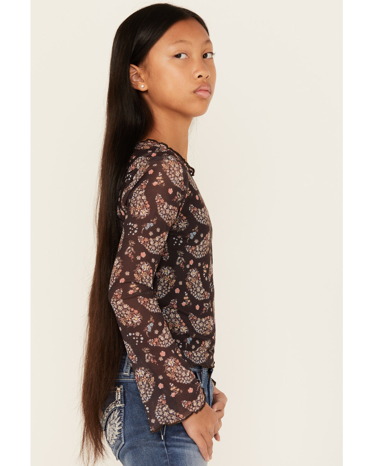 Image #2 - Trixxi Girls' Paisley Print Long Sleeve Mesh Top, Black, hi-res