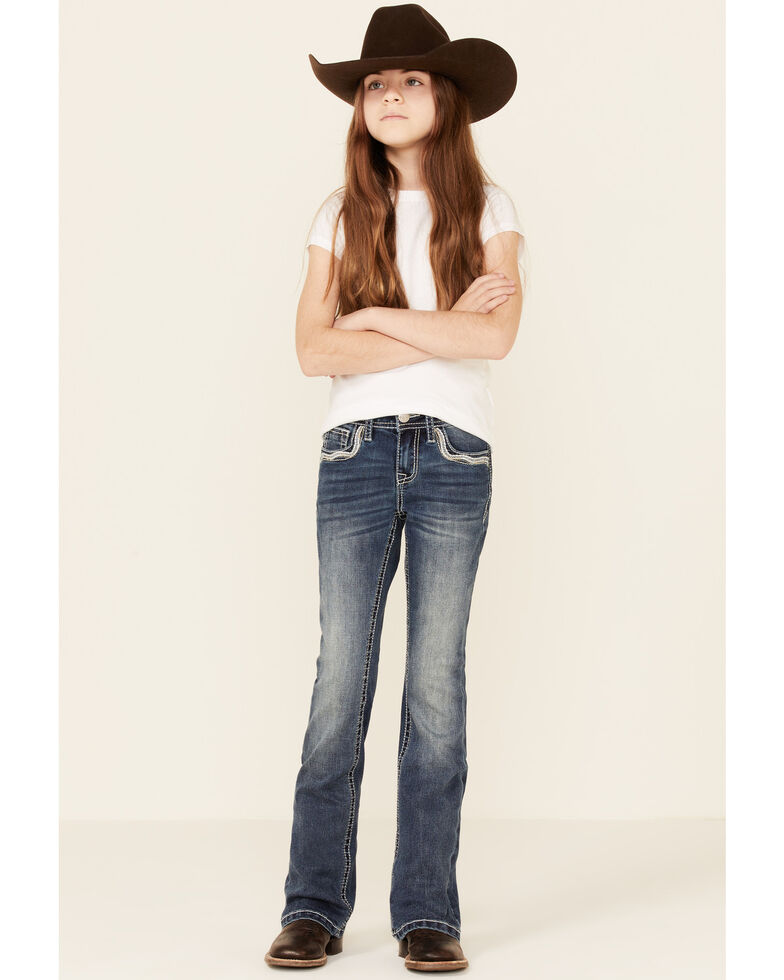 Grace In LA Girls' Dark Wash Embroidered Cross Pocket Bootcut Jeans , Blue, hi-res