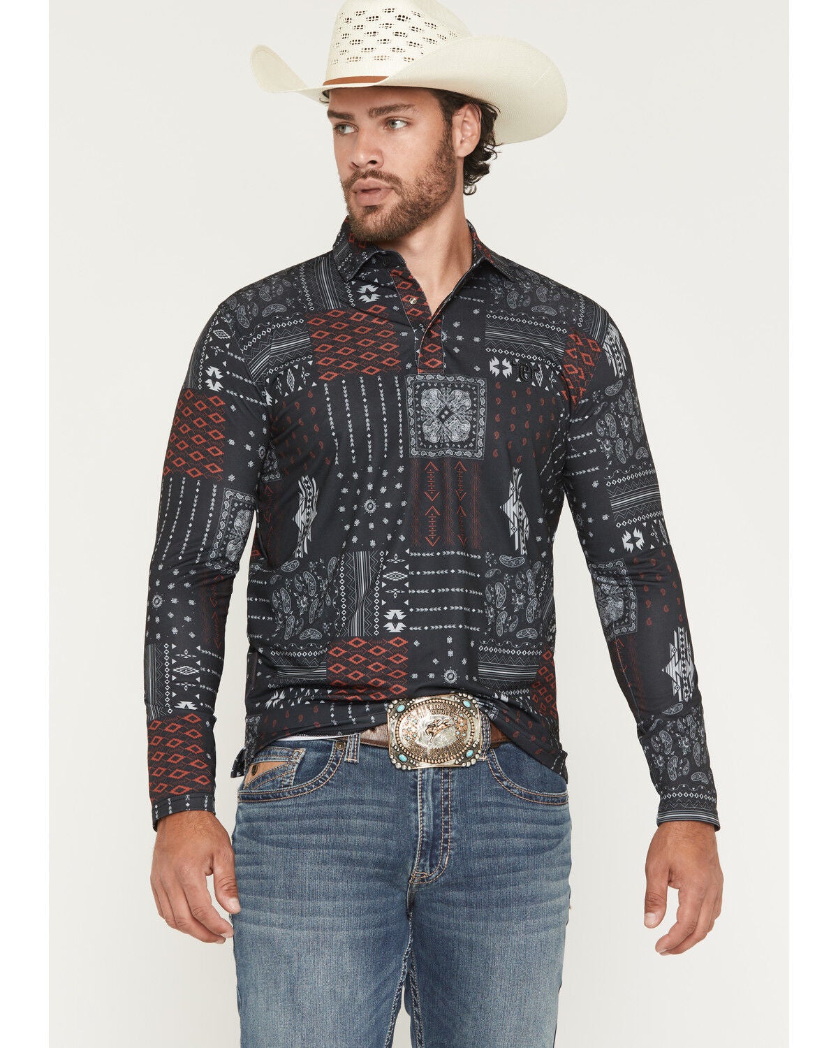 Cowboy Hardware Men's Southwestern Bandana Print Long Sleeve Snap Stretch Polo Shirt, Black, hi-res