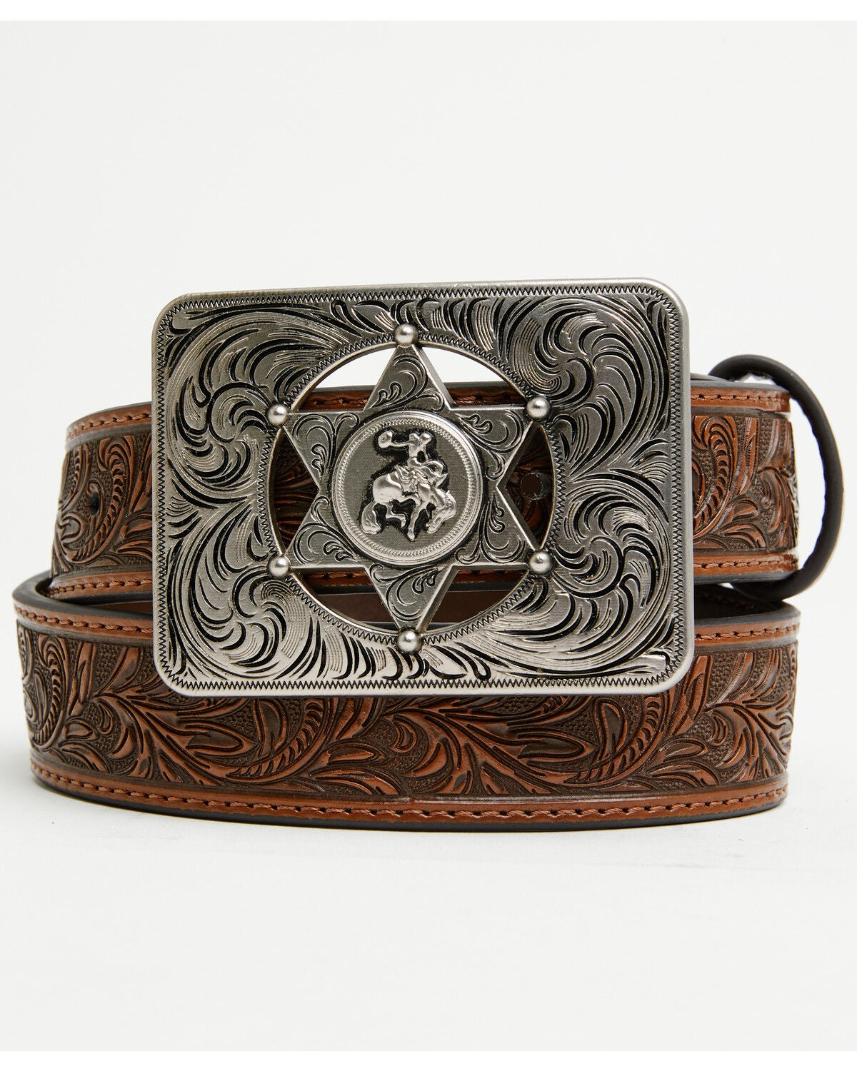 Image #1 - Cody James Boys' Sheriff Star Buckle Tooled Belt, Brown, hi-res