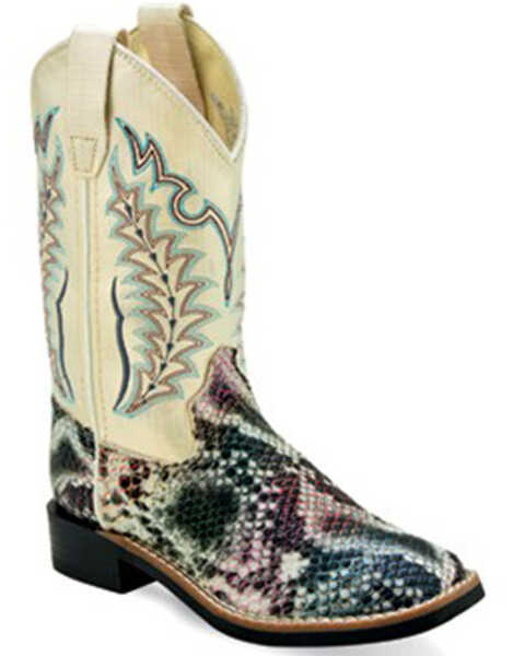 Old West Boys' Snake Print Western Boots - Broad Square Toe, Cream, hi-res