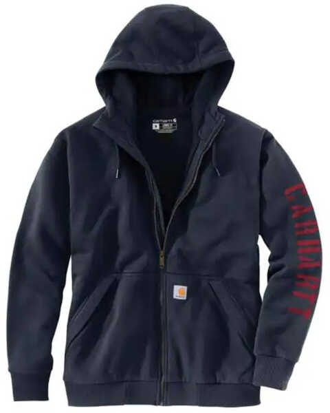 Carhartt Men's Rain Defender® Loose Fit Fleece-Lined Logo Graphic Jacket, Navy, hi-res