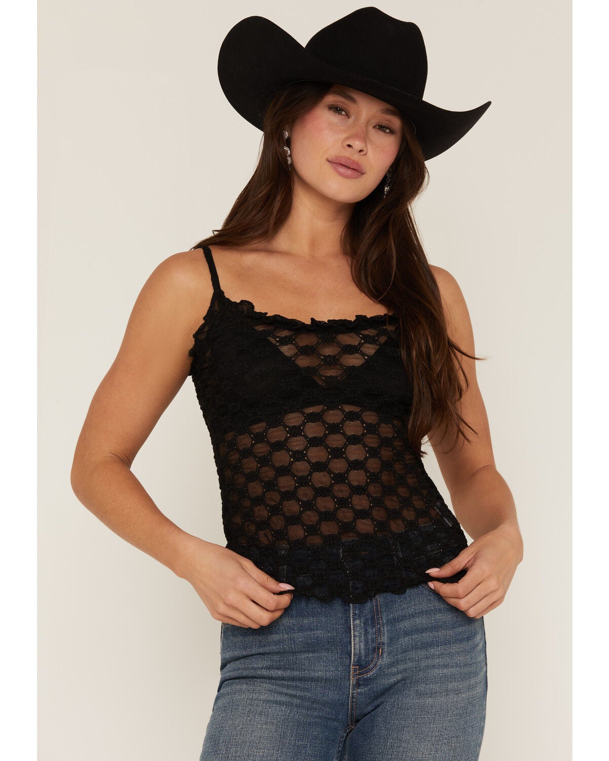 Image #1 - Miss Me Women's Solid Lace Sleeveless Tank Top, Black, hi-res
