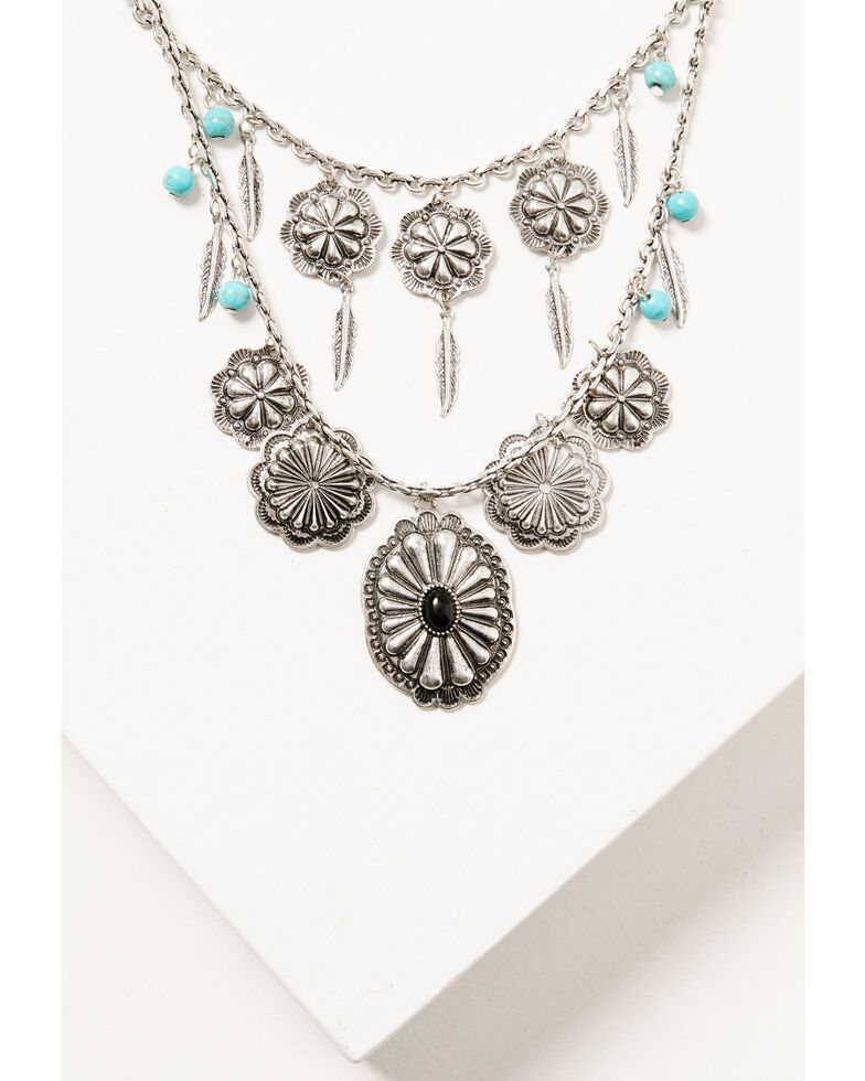 Shyanne Women's Double-Layered Silver & Turquoise Concho Leaf Fringe Necklace, Silver, hi-res