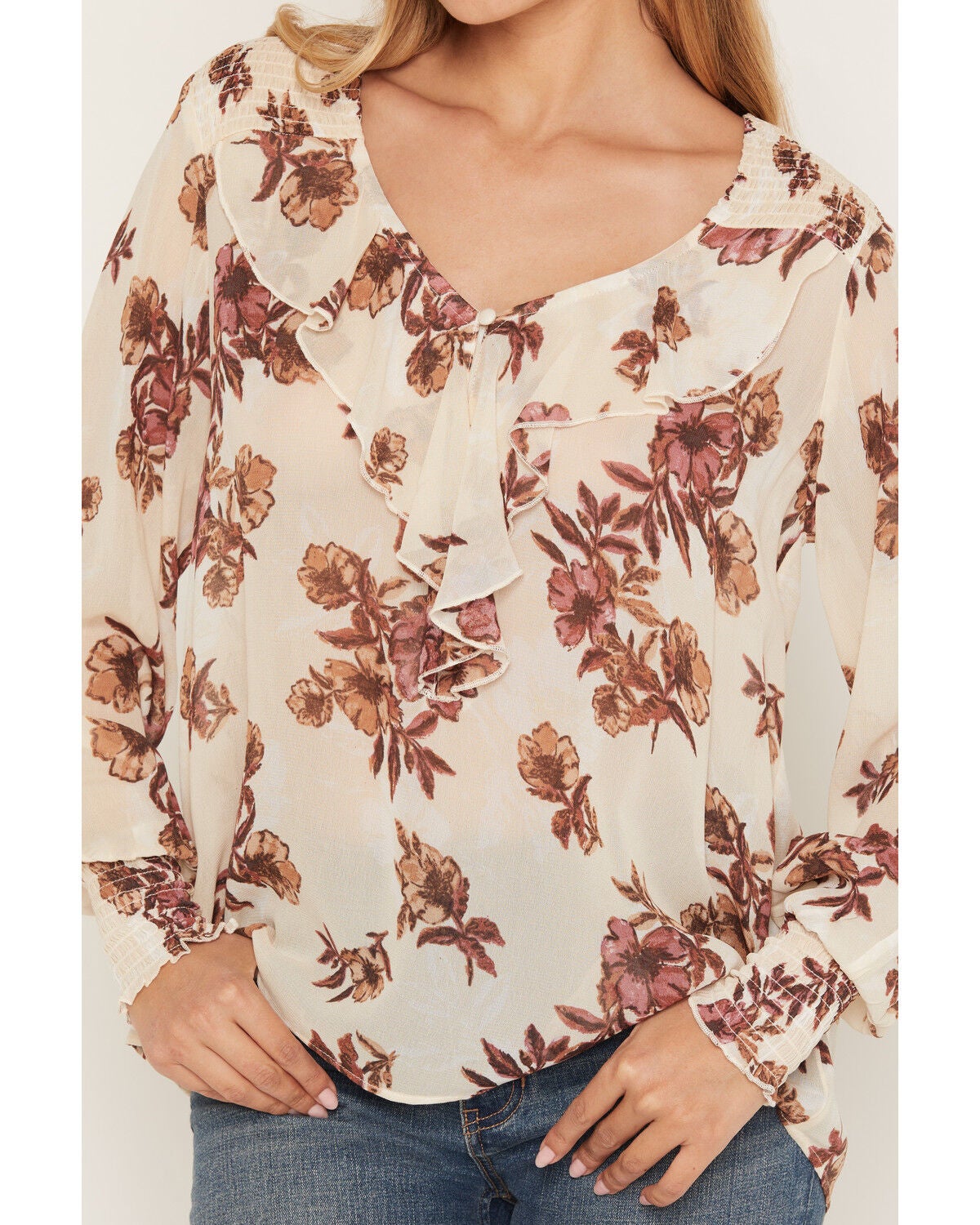 Image #3 - Shyanne Women's Rollins Floral Print Long Sleeve Ruffle Blouse, Natural, hi-res