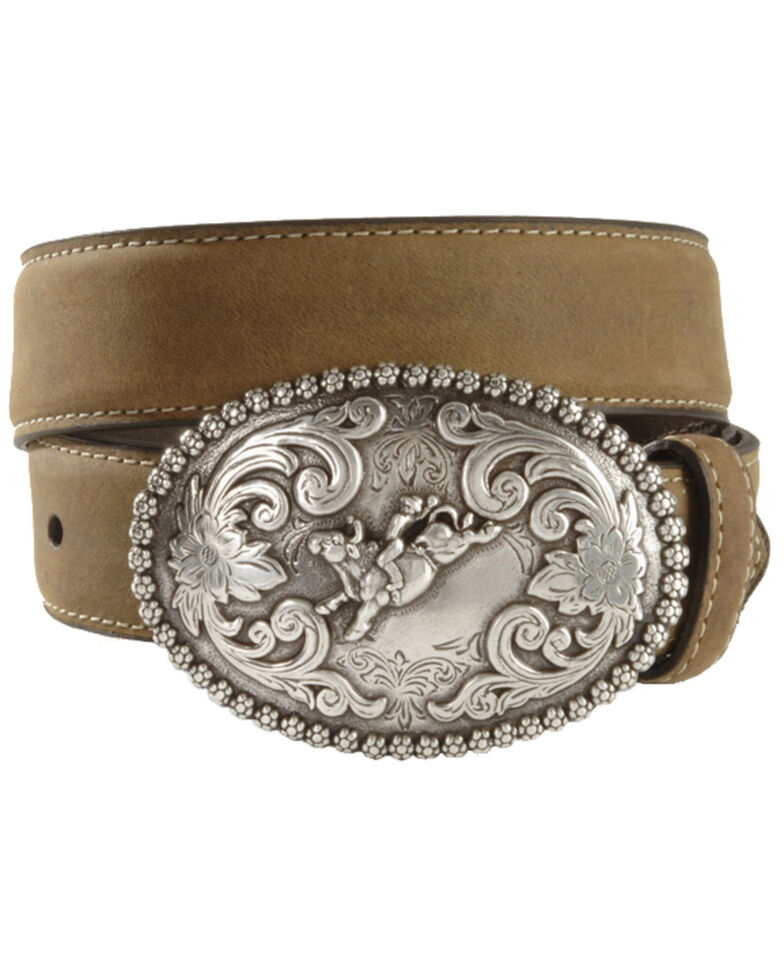 Nocona Children's Bull Rider Buckle Distressed Leather Belt - 18-26, Brown, hi-res