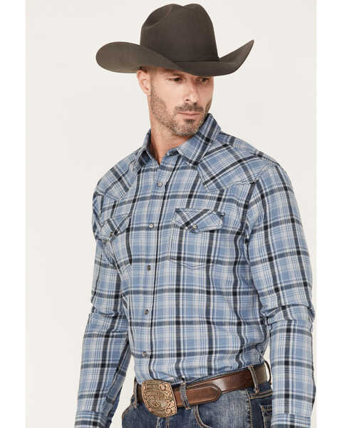 Image #2 - Cody James Men's Stream Plaid Print Long Sleeve Pearl Snap Western Flannel Shirt , Blue, hi-res