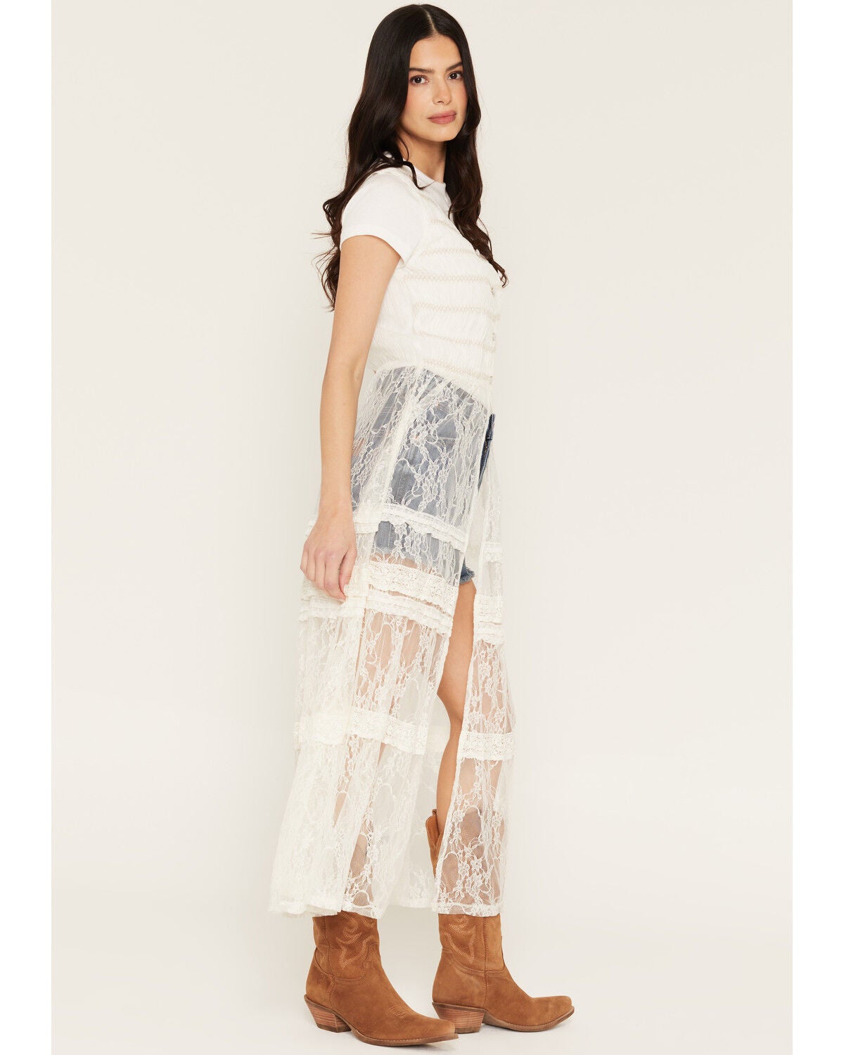 Image #2 - Baeverly Women's Smocked Lace Button-Down Kimono, Ivory, hi-res