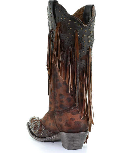 Image #8 - Corral Women's Leopard Stud & Fringe Western Boots - Snip Toe, Honey, hi-res