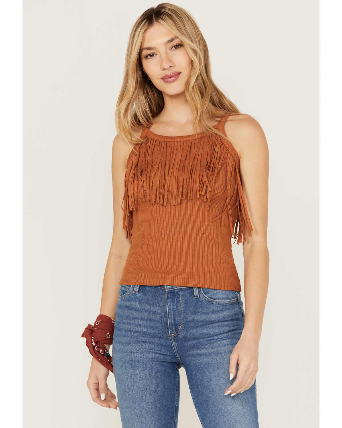 Image #1 - Idyllwind Women's Levy Lane Fringe Rib Knit Tank, Pecan, hi-res