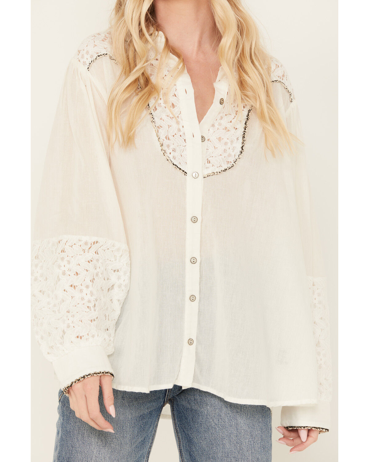 Image #3 - POL Women's Lace Yoke Long Sleeve Button Down Shirt, Ivory, hi-res