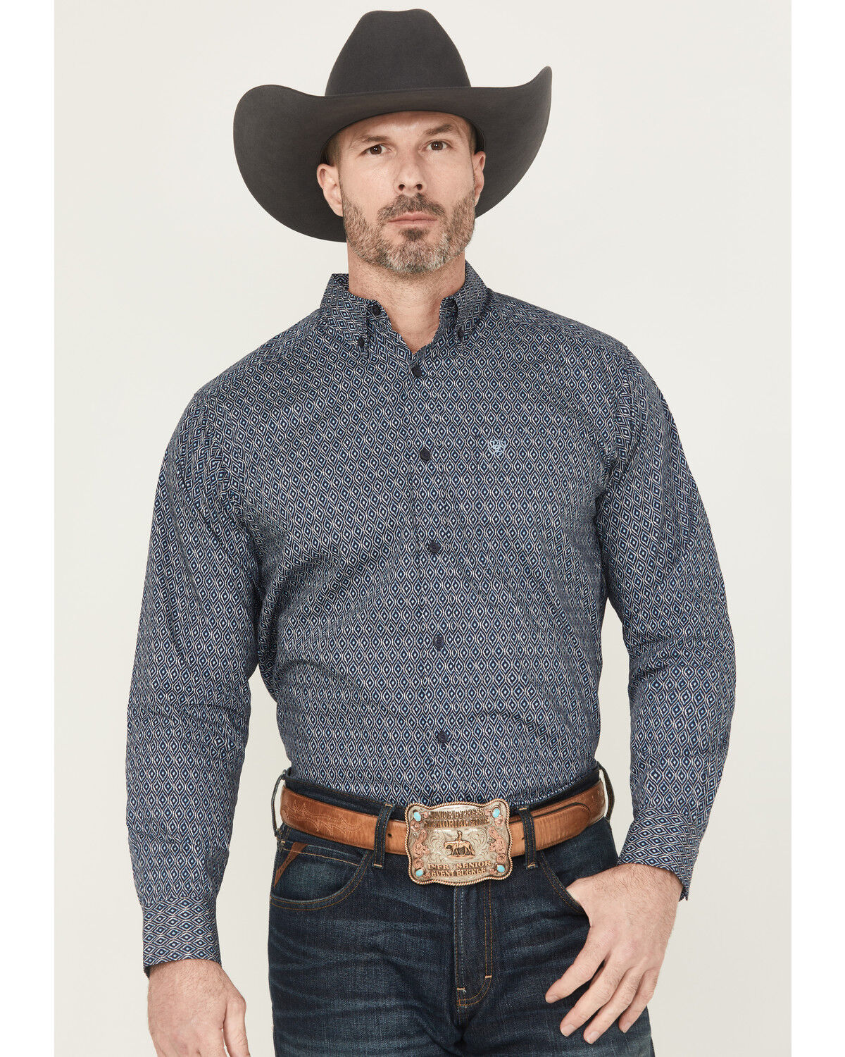 Image #1 - Ariat Men's Colson Geo Print Long Sleeve Button-Down Western Shirt, Navy, hi-res