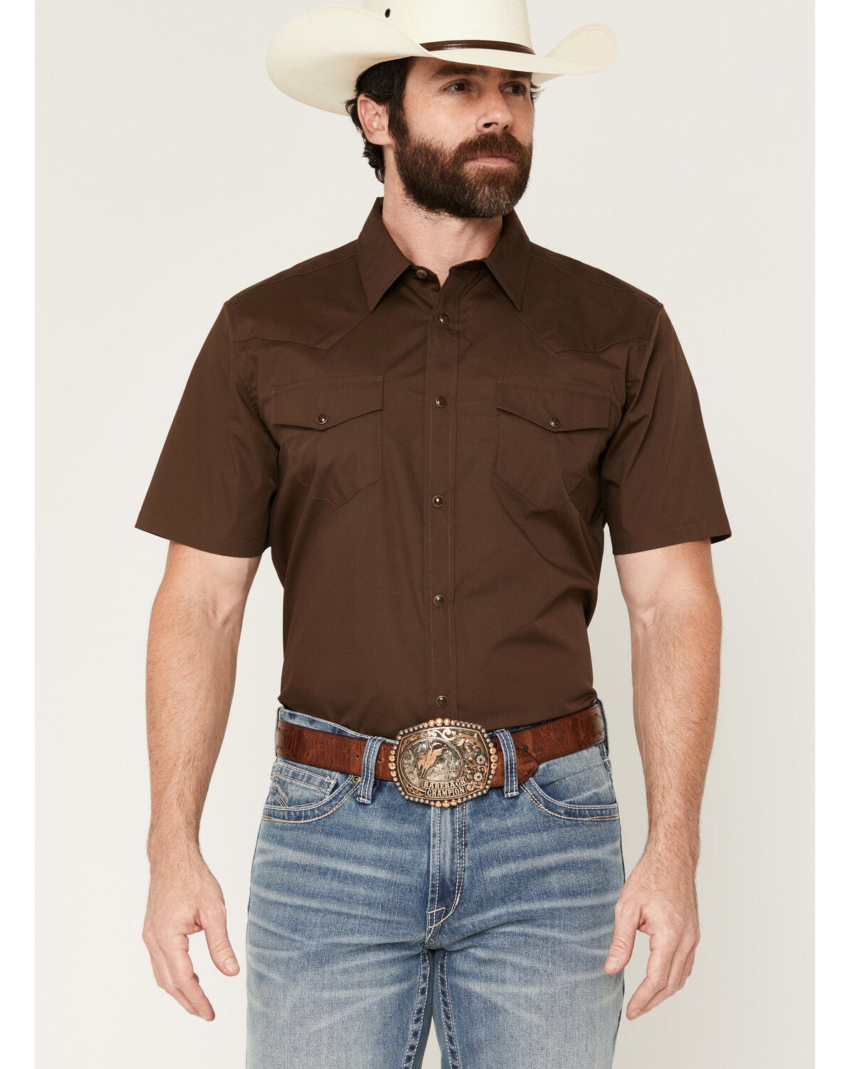 Gibson Trading Co Men's Solid Short Sleeve Snap Western Shirt - Big, Dark Brown, hi-res