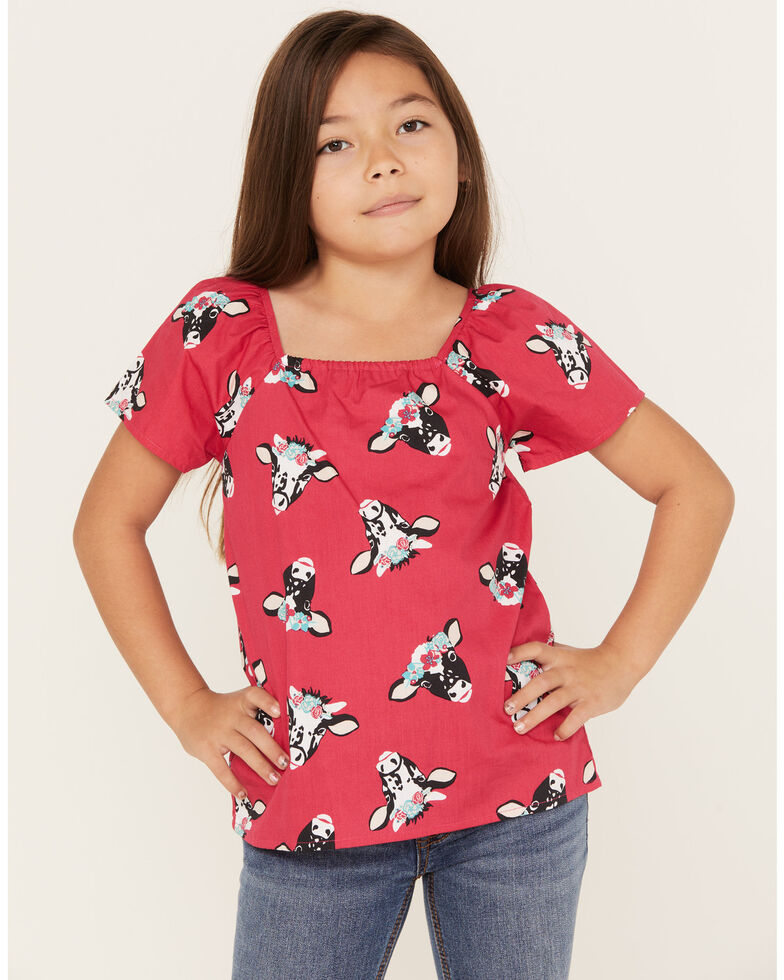 Wrangler Girls' Cow Head Print Puff Sleeve Shirt, Hot Pink, hi-res