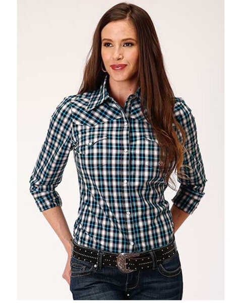 Roper Women's Plaid Print Long Sleeve Western Pearl Snap Shirt - Plus, Teal, hi-res
