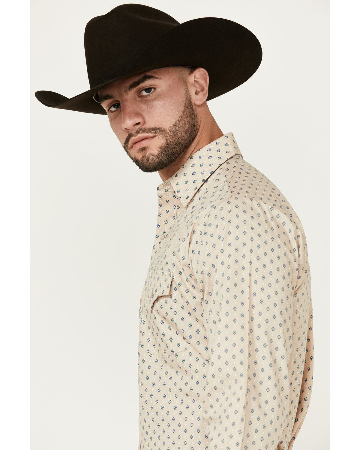 Image #2 - Ely Walker Men's Mini Southwestern Geo Print Long Sleeve Snap Western Shirt, Beige, hi-res