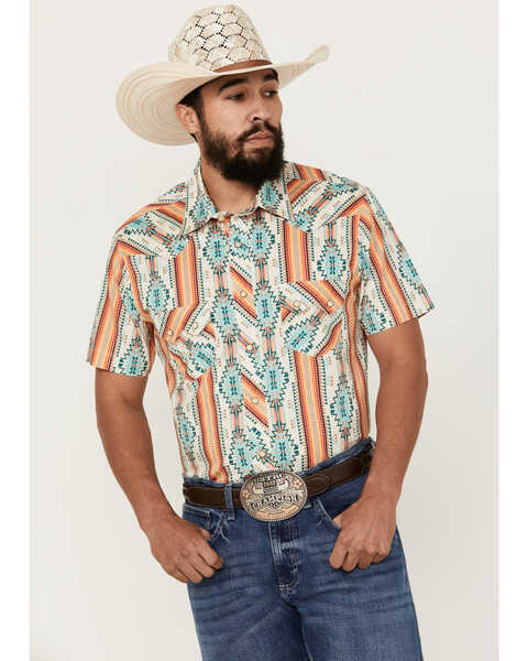 Image #1 - Rock & Roll Denim Men's Southwestern Print Long Sleeve Pearl Snap Stretch Western Shirt , Cream, hi-res