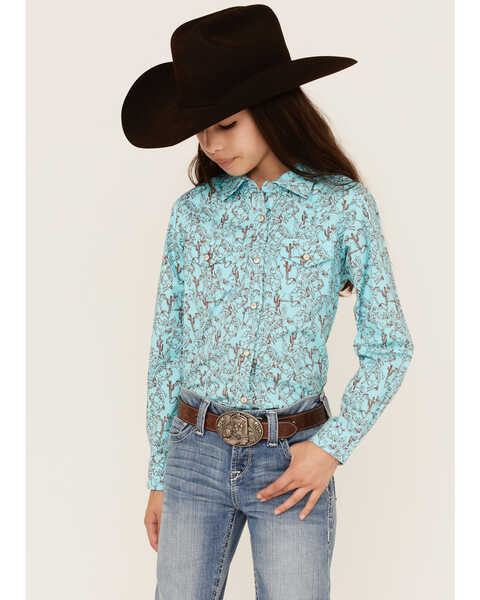 Ariat Girls' R.E.A.L. Bucking Bronco Long Sleeve Western Snap Shirt, Turquoise, hi-res