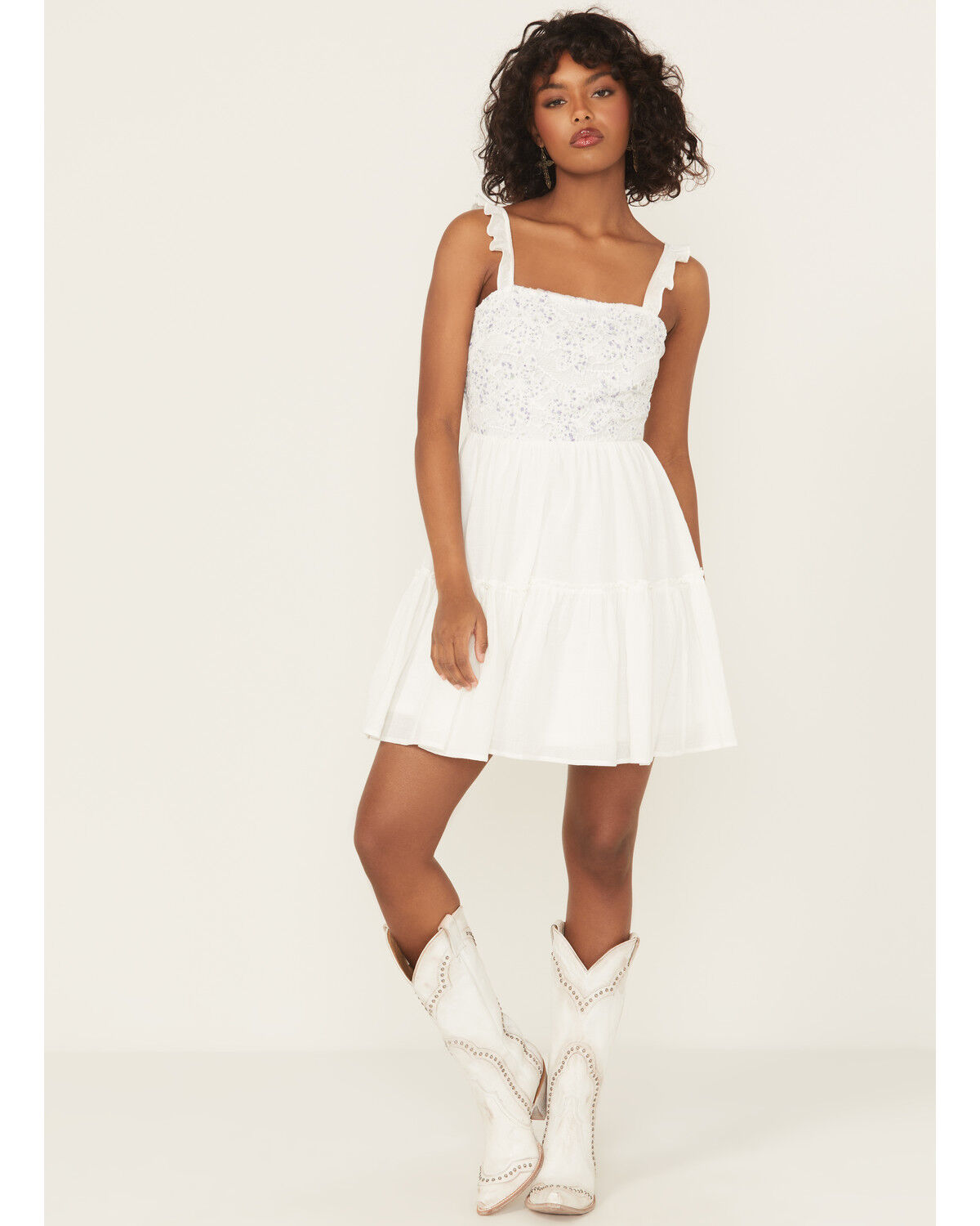 Image #1 - Yura Women's Floral Patched Crochet Mini Dress, White, hi-res
