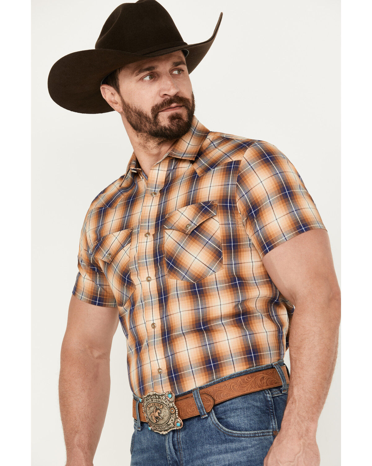 Image #2 - Pendleton Men's Frontier Plaid Print Short Sleeve Western Snap Shirt, Rust Copper, hi-res