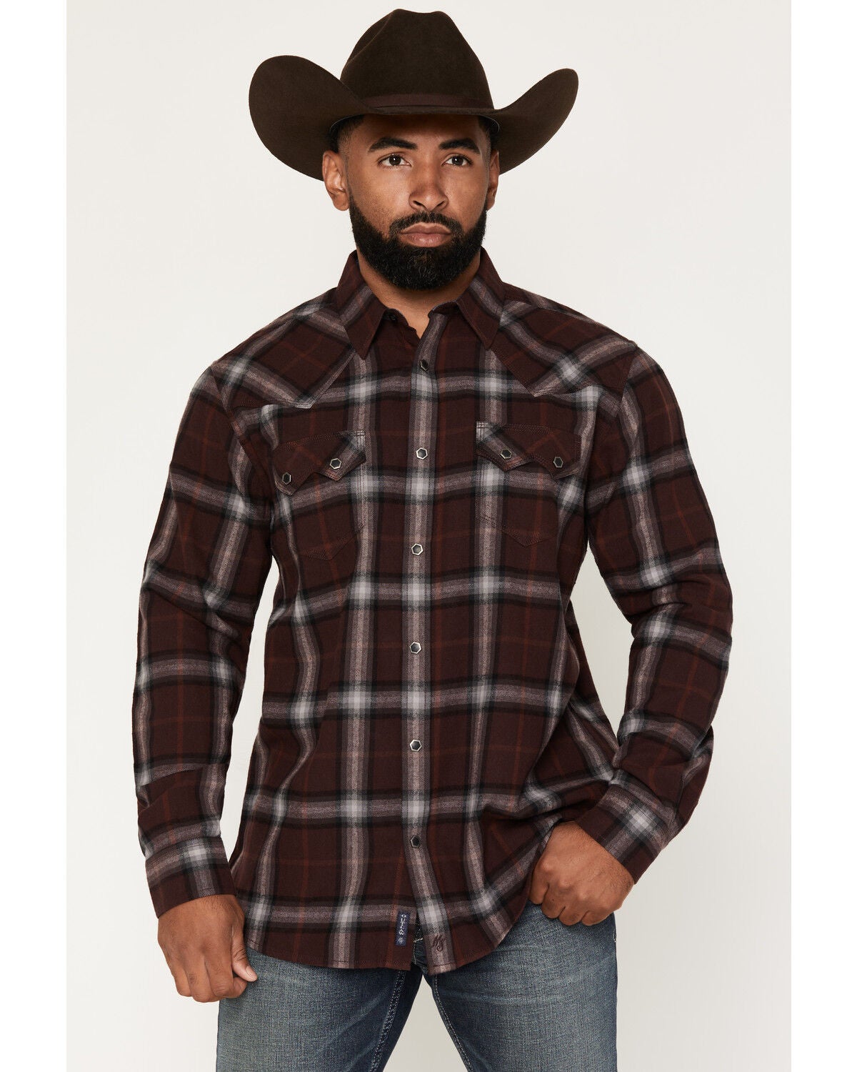 Image #1 - Moonshine Spirit&reg;&nbsp;Men's Oklahoma Plaid Print Long Sleeve Snap Flannel Shirt, Burgundy, hi-res