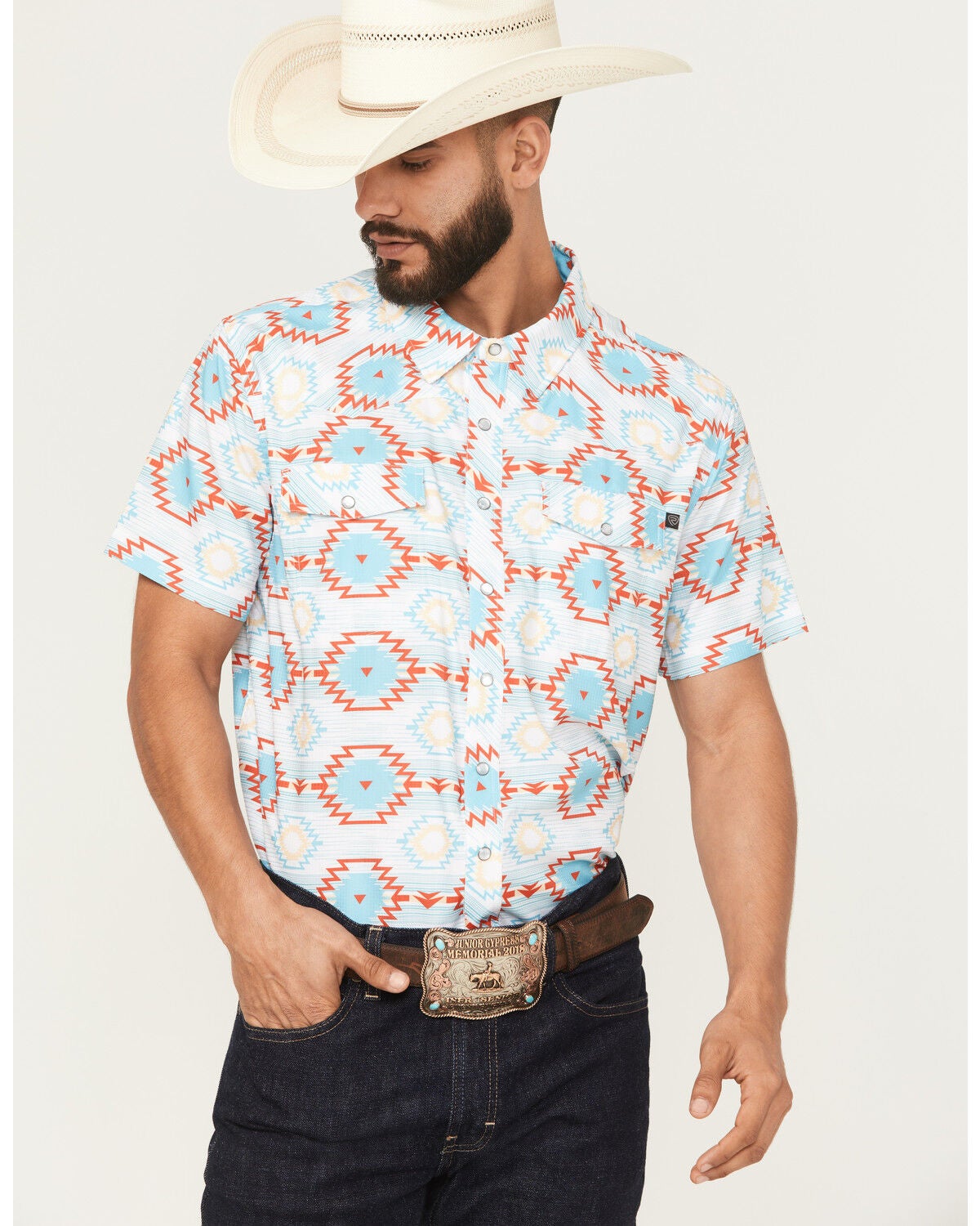 Rock & Roll Denim Men's Boot Barn Exclusive Tek Southwestern Short Sleeve Snap Stretch Western Shirt, Turquoise, hi-res