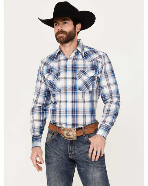 Image #1 - Ely Walker Men's Plaid Print Long Sleeve Pearl Snap Western Shirt - Big, White, hi-res