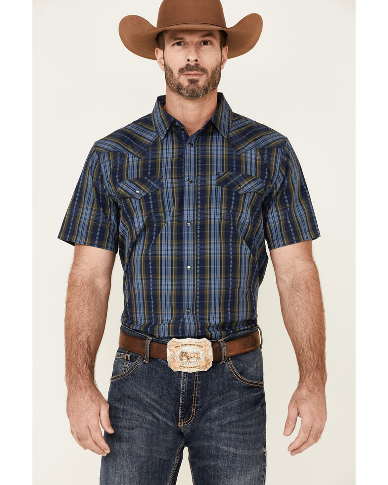 Moonshine Spirit Men's Mud On The Tires Large Plaid Short Sleeve Snap Western Shirt , Brown, hi-res