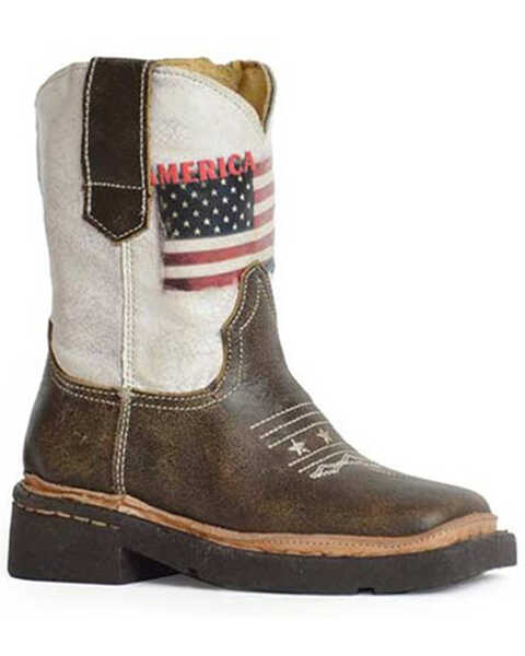 Roper Toddler Boys' America Strong Western Boots- Broad Square Toe, Brown, hi-res