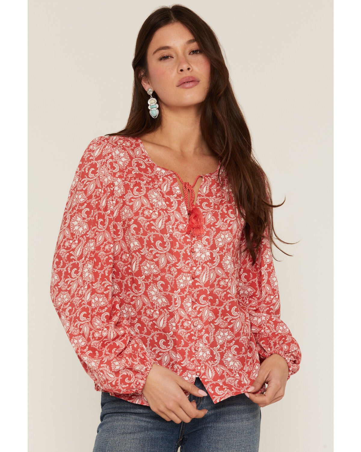 Image #1 - Panhandle Women's Floral Paisley Print Long Sleeve Peasant Top, Red, hi-res