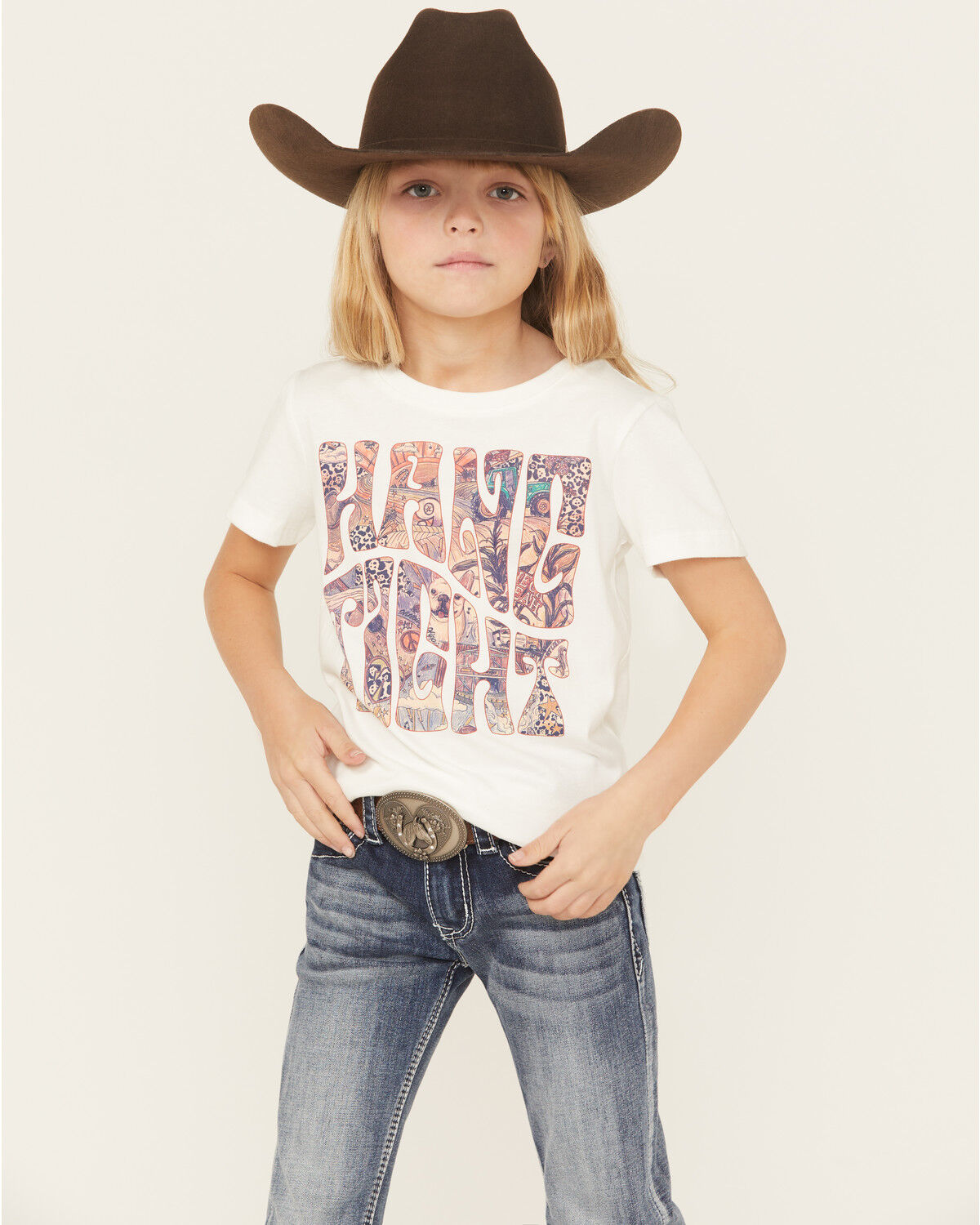 Image #1 - Wrangler X Lainey Wilson Girls' Hang Tight Short Sleeve Graphic Tee, White, hi-res