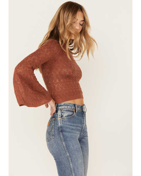 Image #3 - Shyanne Women's Crochet Lace Bell Sleeve Sweater , Brown, hi-res