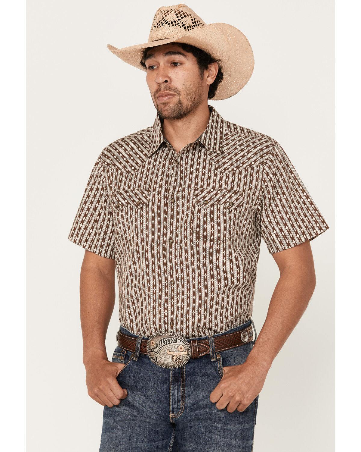 Image #1 - Moonshine Spirit Men's Diamond Striped Short Sleeve Snap Western Shirt, Ivory, hi-res