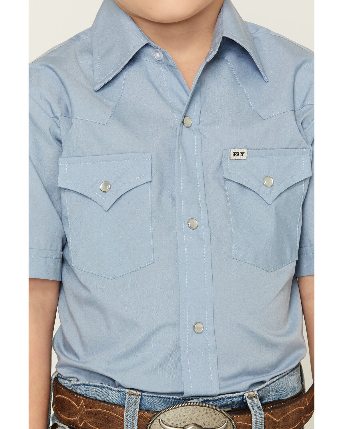 Image #3 - Ely Walker Boys' Solid Short Sleeve Pearl Snap Western Shirt, Blue, hi-res