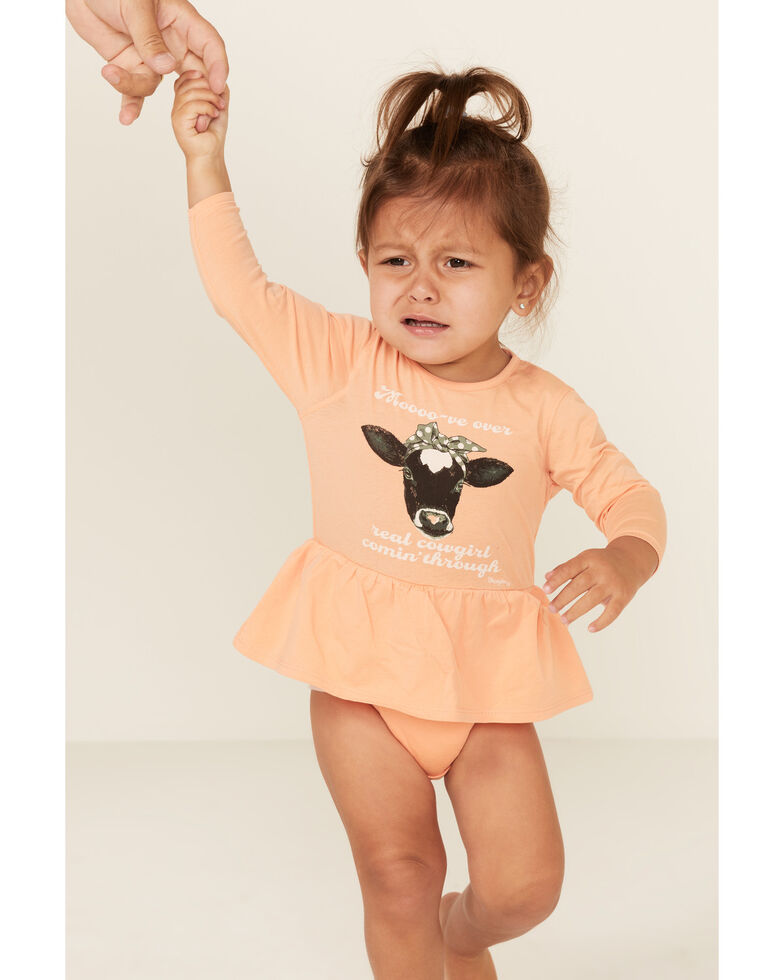 Wrangler Infant Girls' Orange Cow Graphic Long Sleeve Ruffle Onesie , Orange, hi-res