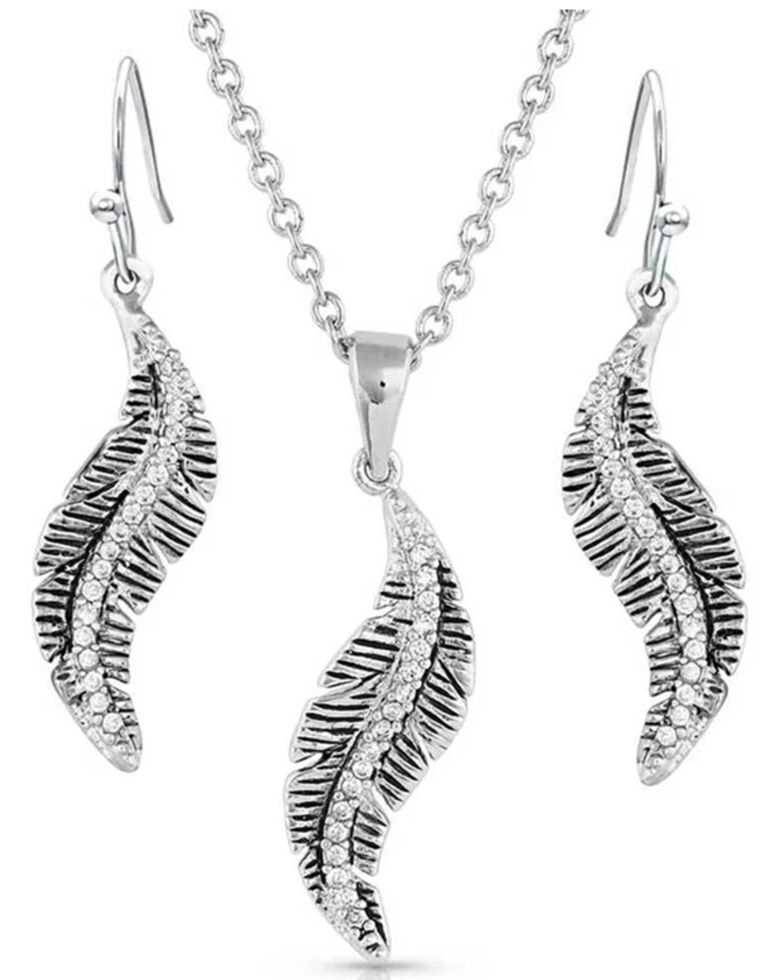 Montana Silversmiths Women's All About The Curve Feather Necklace & Earrings Set - 2-Piece, Silver, hi-res