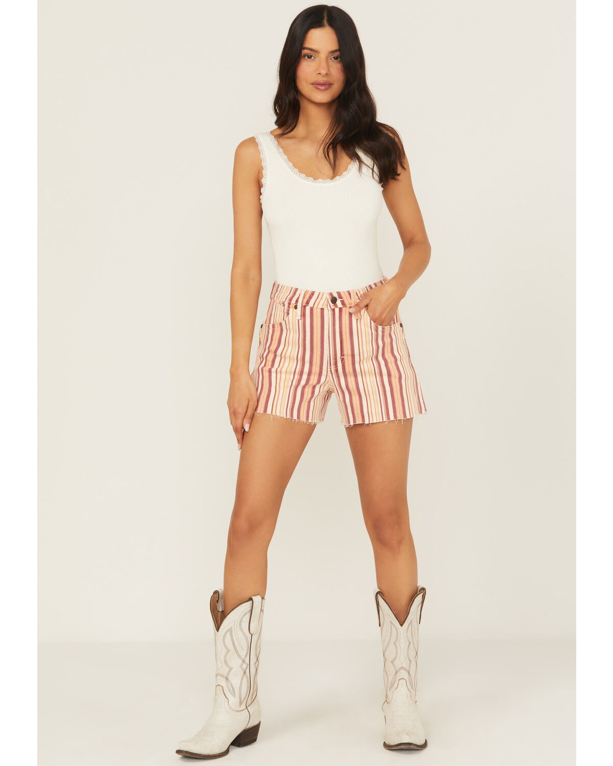 Image #1 - Wrangler Women's Natalie Striped High Rise Retro Cowboy Denim Shorts, Multi, hi-res