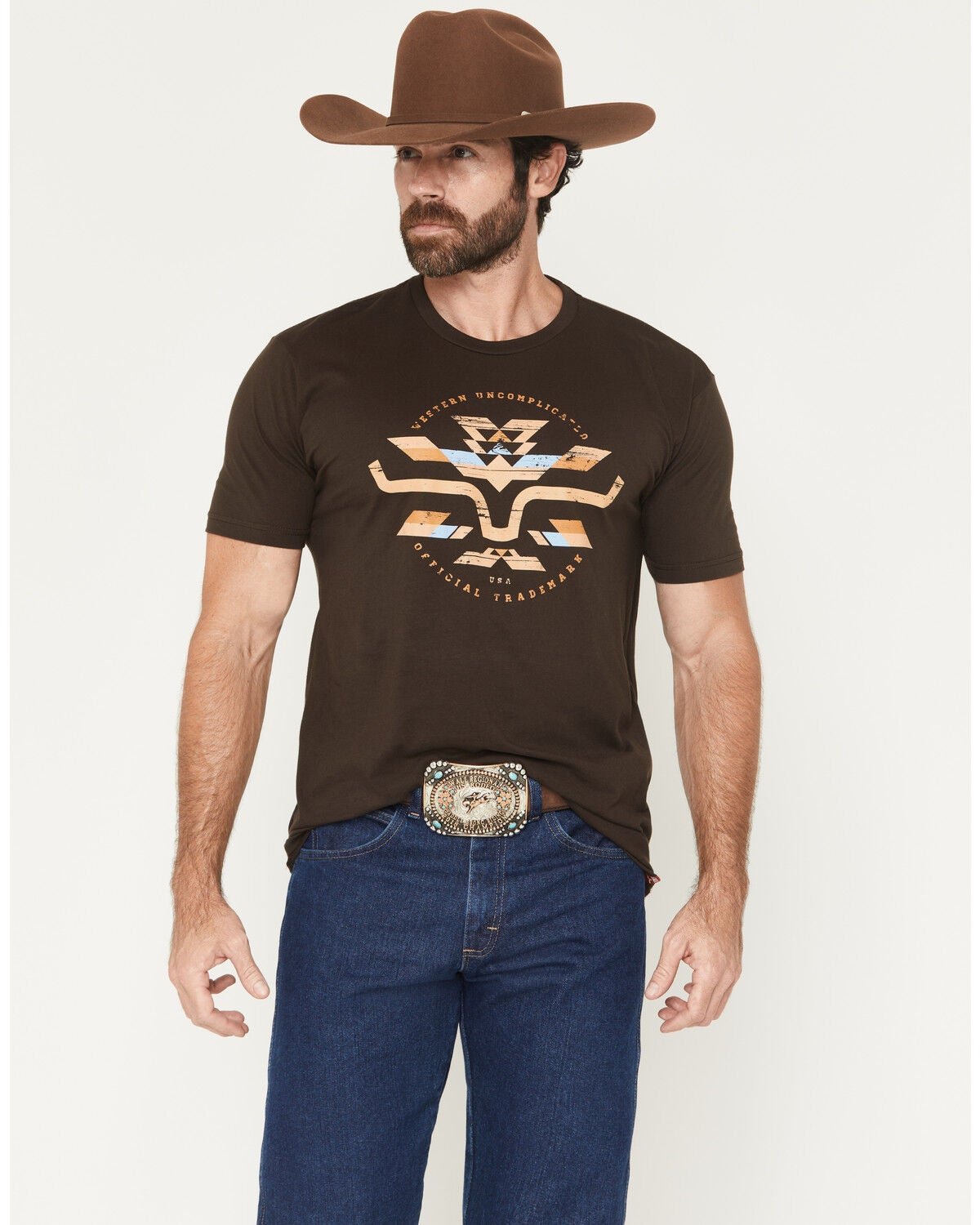 Kimes Ranch Men's Circular Serape Logo Short Sleeve Graphic T-Shirt, Dark Brown, hi-res