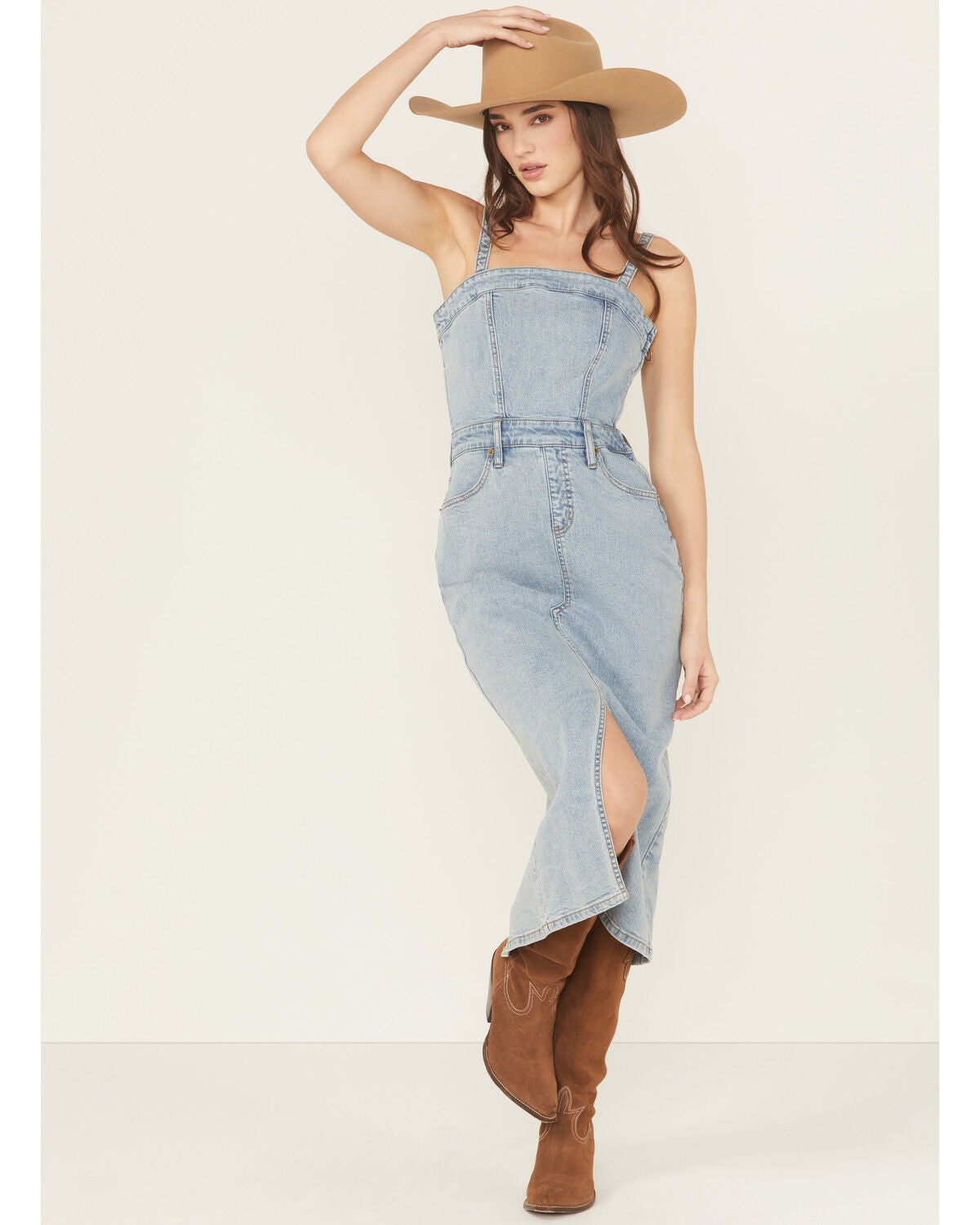 Rock & Roll Denim Women's Light Wash Detachable Strap Denim Midi Dress, Light Wash, hi-res