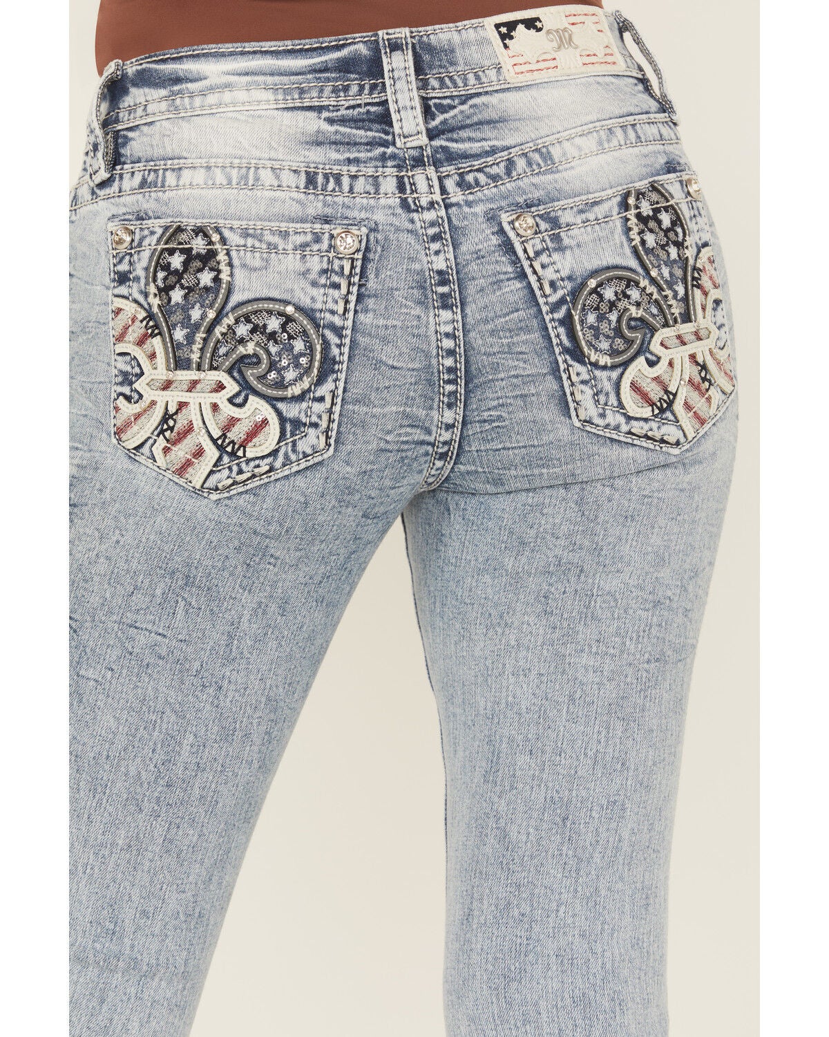 Image #2 - Miss Me Women's Medium Wash Mid Rise Americana Fleur de Lis 32" Bootcut Stretch Denim Jeans, Medium Wash, hi-res