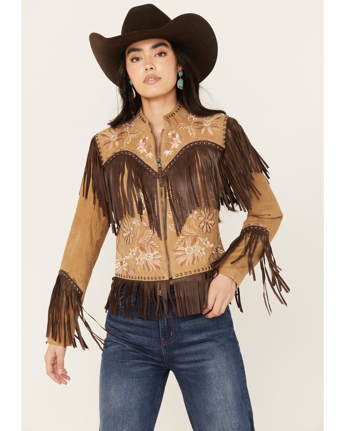 Shyanne Women's Embroidered Suede Fringe Jacket, Taupe, hi-res