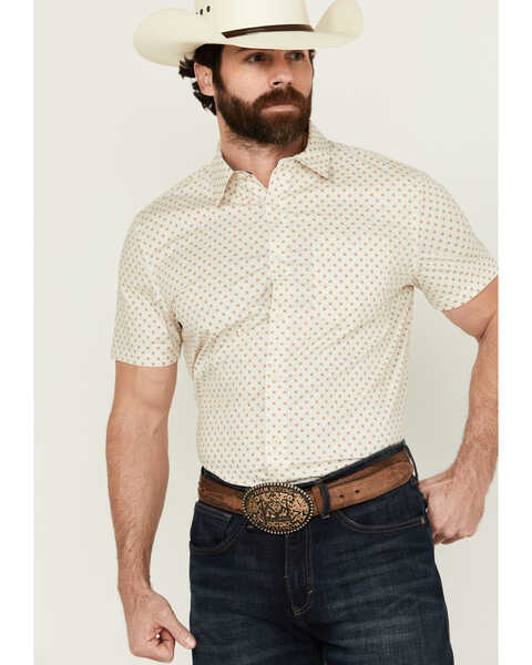 Image #1 - RANK 45® Men's Westamp Geo Print Short Sleeve Button-Down Performance Stretch Western Shirt , Ivory, hi-res